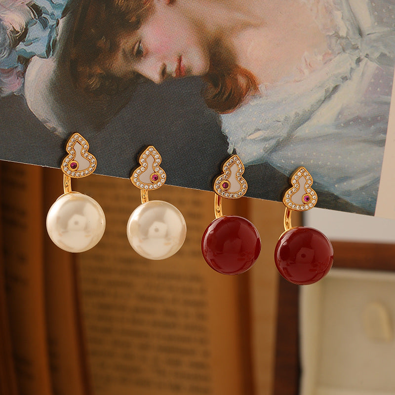 Original New Chinese Style Shi Family Pearl Red Gourd Earrings Exquisite Versatile Retro Silver Needle Earrings Light Luxury High-end Feel