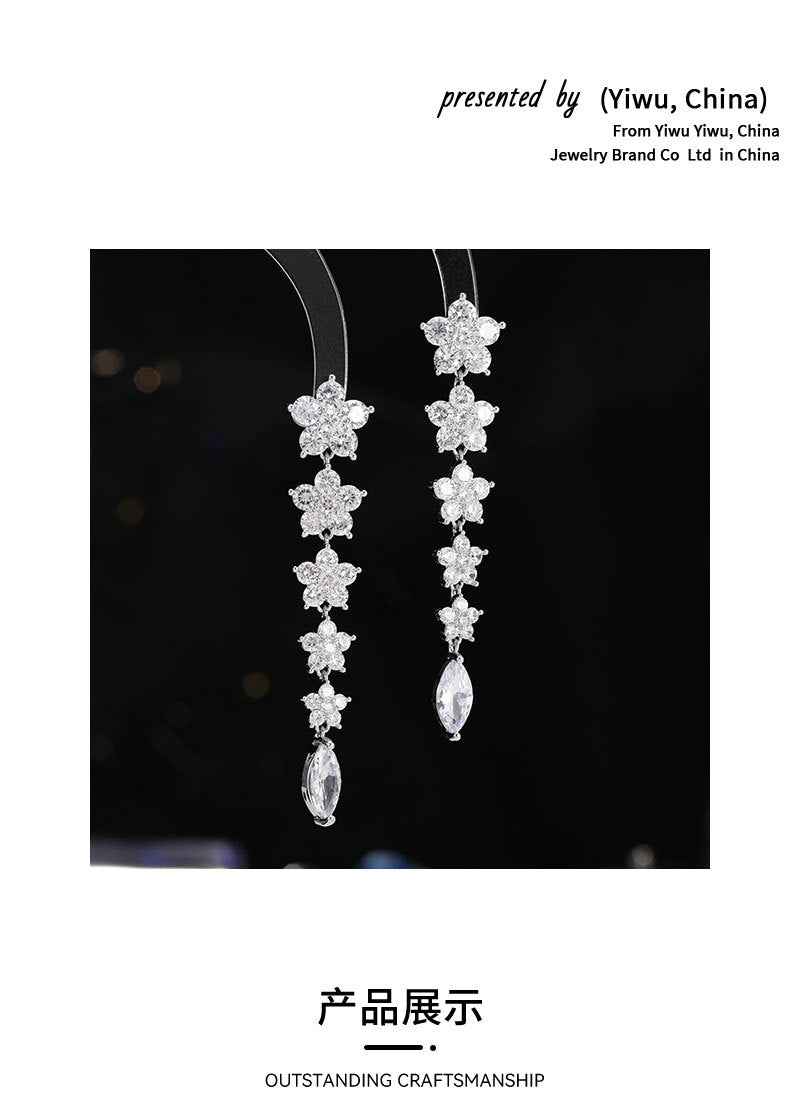 Colorful Ice Crack Flower Earrings S925Silver Needle Elegant Long Tassel Gradient Pink Purple Heavy Craft Earrings for Women