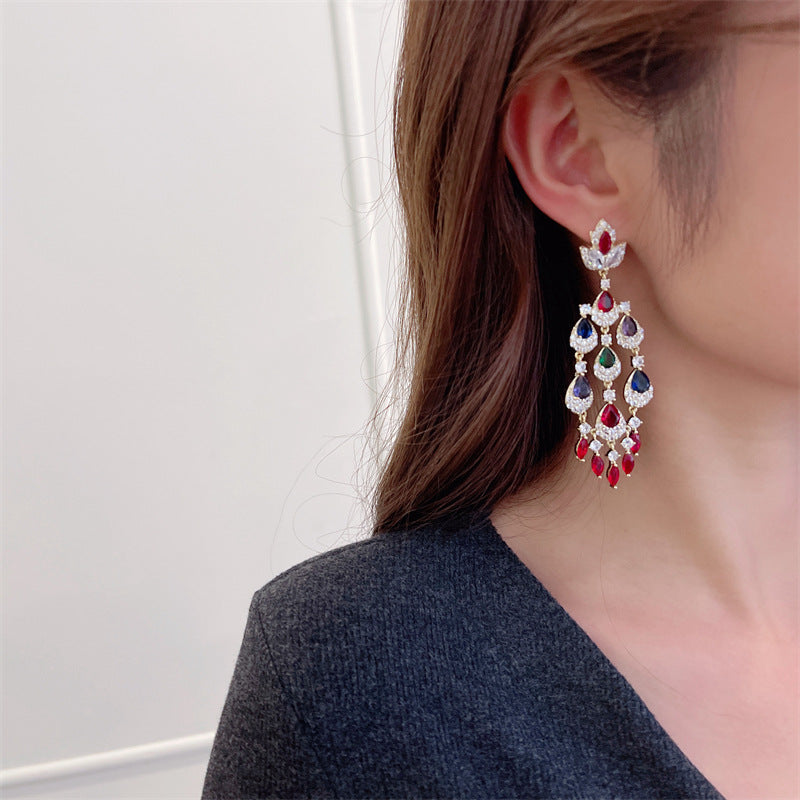Colorful Zircon Inlaid Long Water Drop Tassel Earrings Trendy European and American Court Style Exaggerated Elegant Heavy Craft Earrings