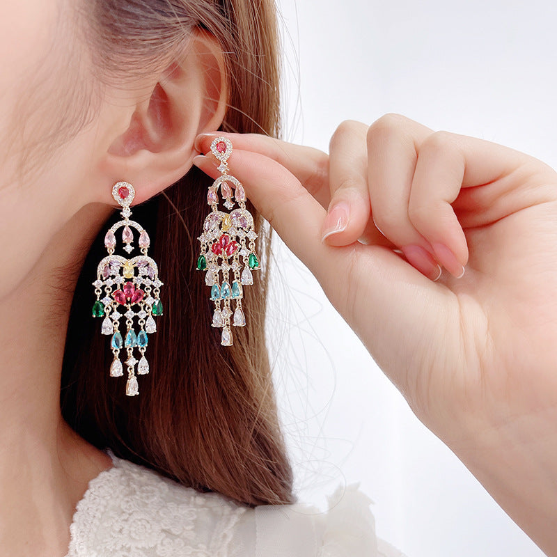 Autumn European and American Style Personality Tassel Earrings Long Colorful Zircon Studs New Fashion Water Drop Earrings for Women