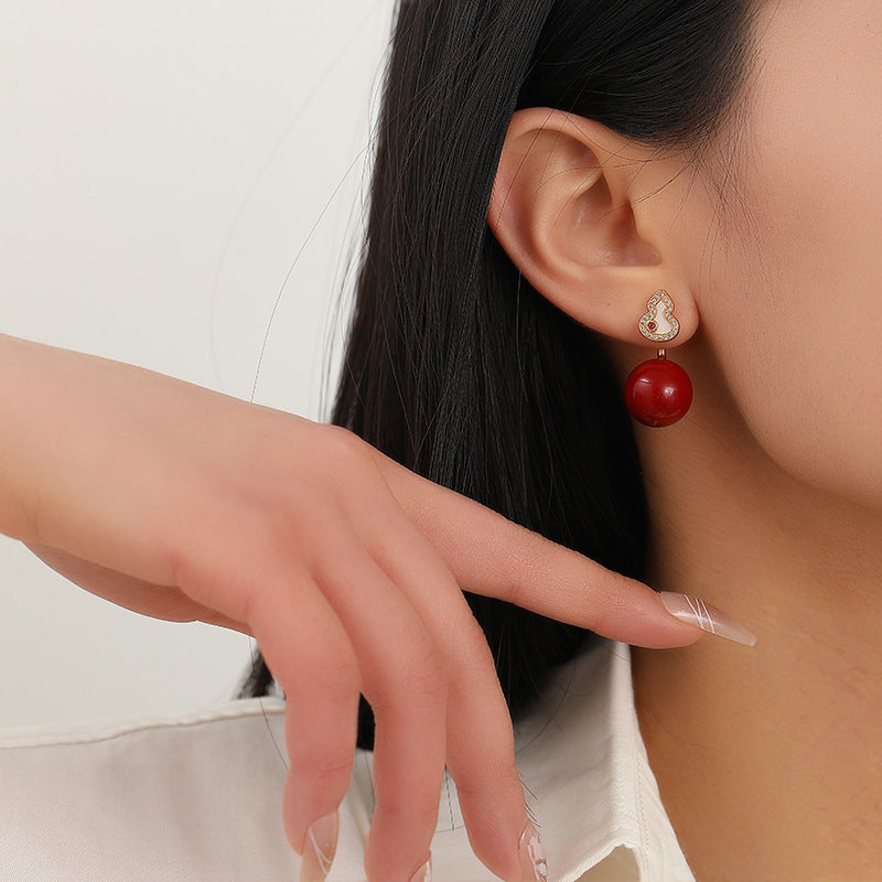 Original New Chinese Style Shi Family Pearl Red Gourd Earrings Exquisite Versatile Retro Silver Needle Earrings Light Luxury High-end Feel