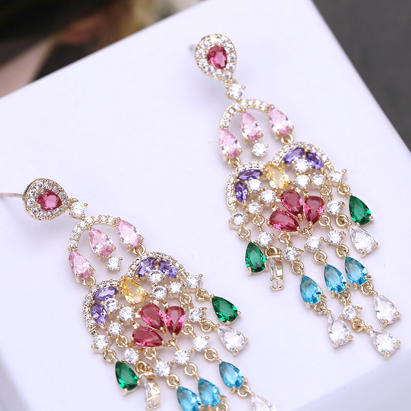 Autumn European and American Style Personality Tassel Earrings Long Colorful Zircon Studs New Fashion Water Drop Earrings for Women