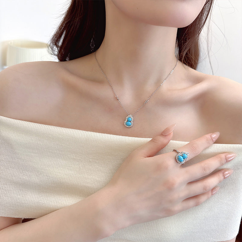 New Chinese Style Retro Imitation Turquoise Gourd Pendant Necklace Ring Jewelry Set Light Luxury High-end National Style Earrings