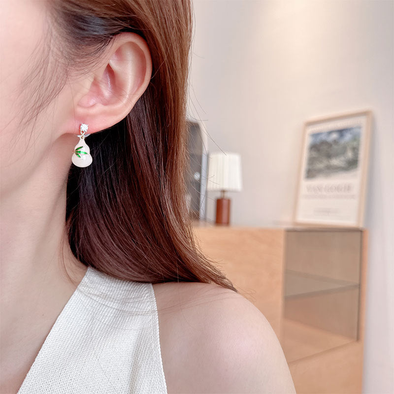 Green Leaf Gourd Earrings Ancient Style Fortune and Prosperity New Chinese Style National Style Imitation Jade Elegant Temperament Hanfu Cheongsam Matching Earrings