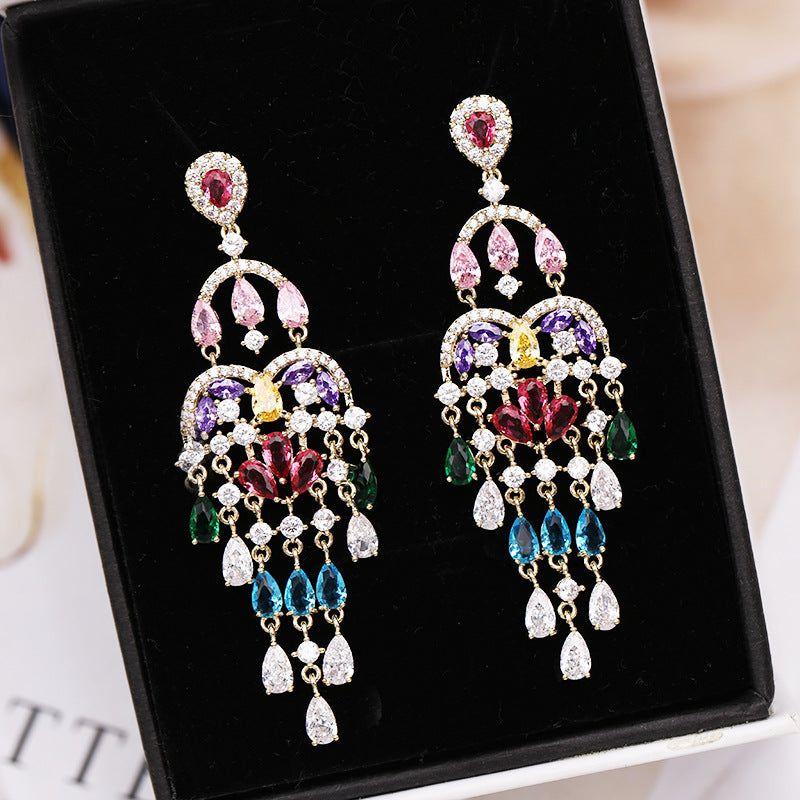 Autumn European and American Style Personality Tassel Earrings Long Colorful Zircon Studs New Fashion Water Drop Earrings for Women