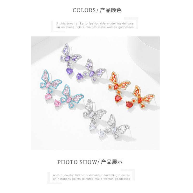 Cross-border Elegant Versatile Butterfly Heart Earrings Hollow Micro Pave Zircon High-end s925Silver Needle Sweet Fashion Earrings