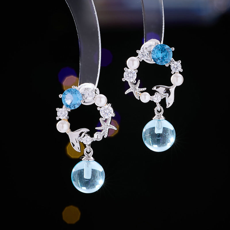 Daughter of the Sea Mermaid Tail Blue Bubble Earrings Forest Style Niche Fashion Earrings Fresh Versatile Ear Jewelry