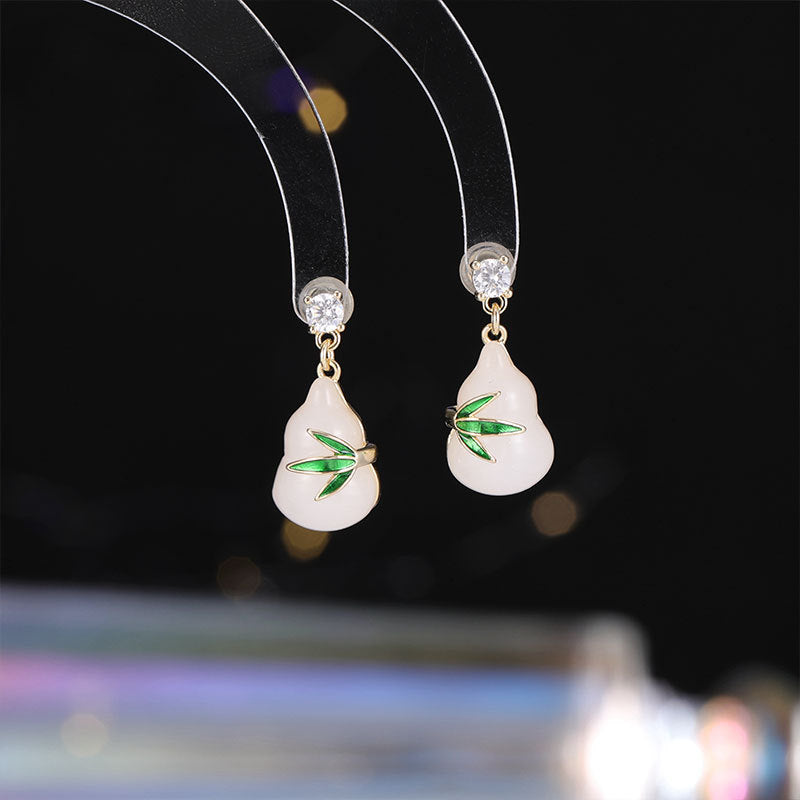 Green Leaf Gourd Earrings Ancient Style Fortune and Prosperity New Chinese Style National Style Imitation Jade Elegant Temperament Hanfu Cheongsam Matching Earrings