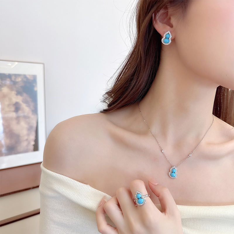 New Chinese Style Retro Imitation Turquoise Gourd Pendant Necklace Ring Jewelry Set Light Luxury High-end National Style Earrings
