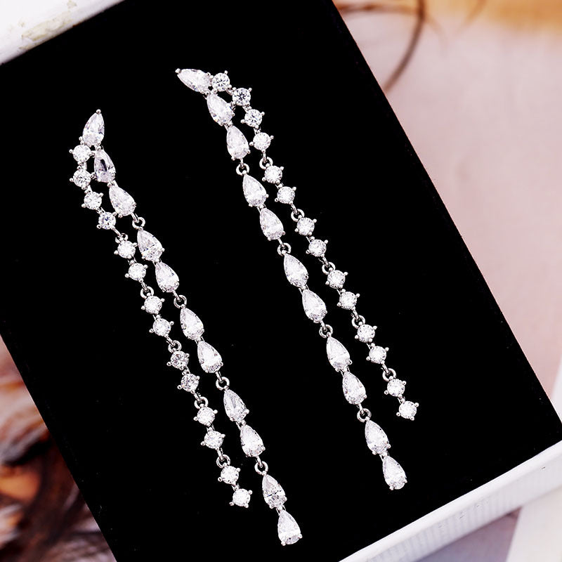 2022New Long Tassel Earrings European and American Fashion Zircon Silver Needle Drop High-end Water Drop Geometric Earrings