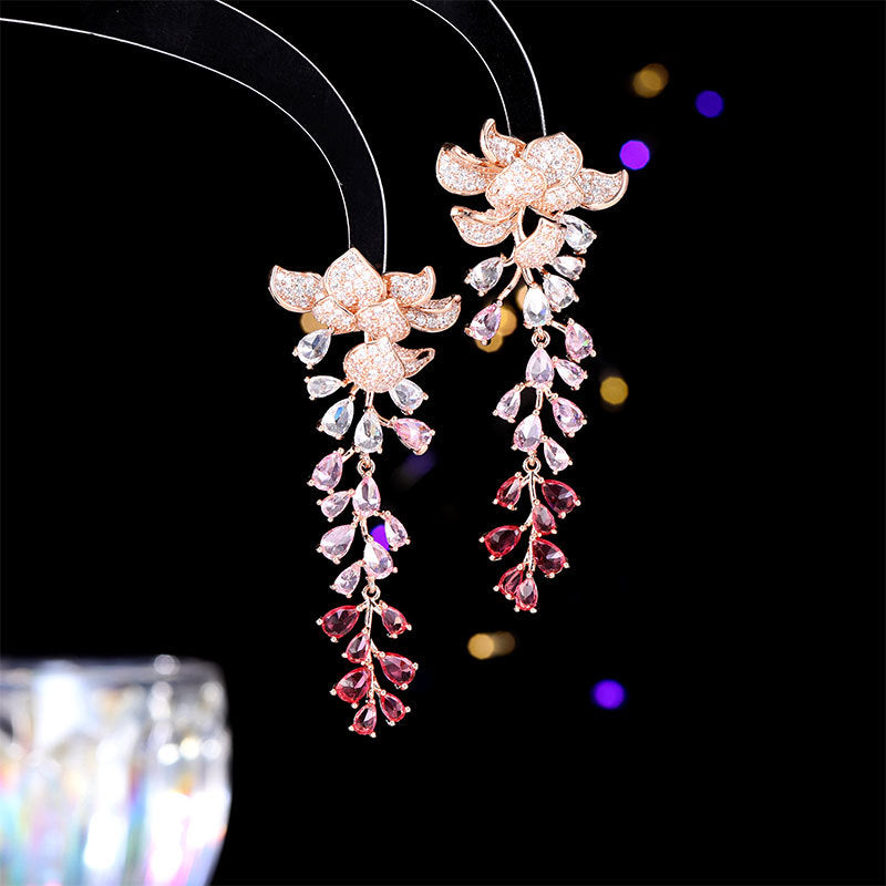 Heavy Craft Hot-Selling Zircon Leaf Wisteria Flower Earrings Fashion Evening Elegant Bride Wedding Dress Earrings Accessories