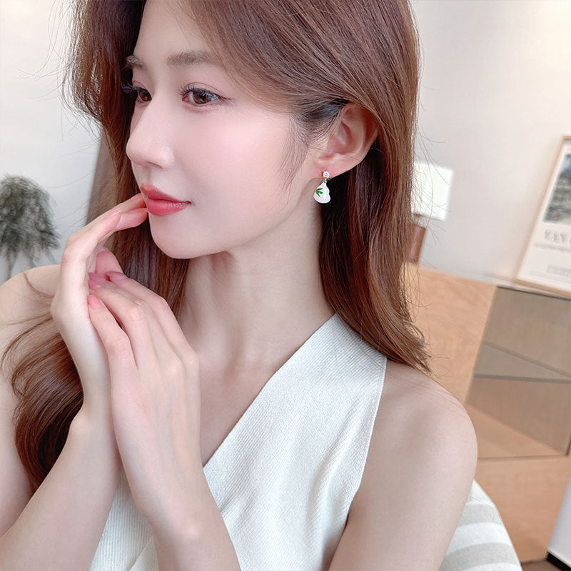 Green Leaf Gourd Earrings Ancient Style Fortune and Prosperity New Chinese Style National Style Imitation Jade Elegant Temperament Hanfu Cheongsam Matching Earrings