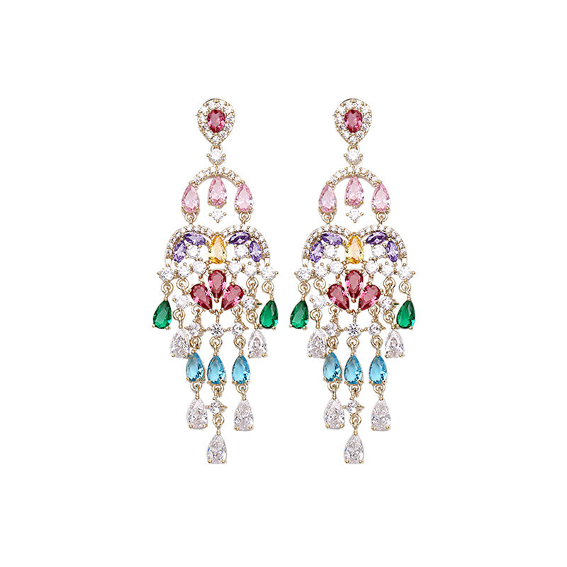 Autumn European and American Style Personality Tassel Earrings Long Colorful Zircon Studs New Fashion Water Drop Earrings for Women