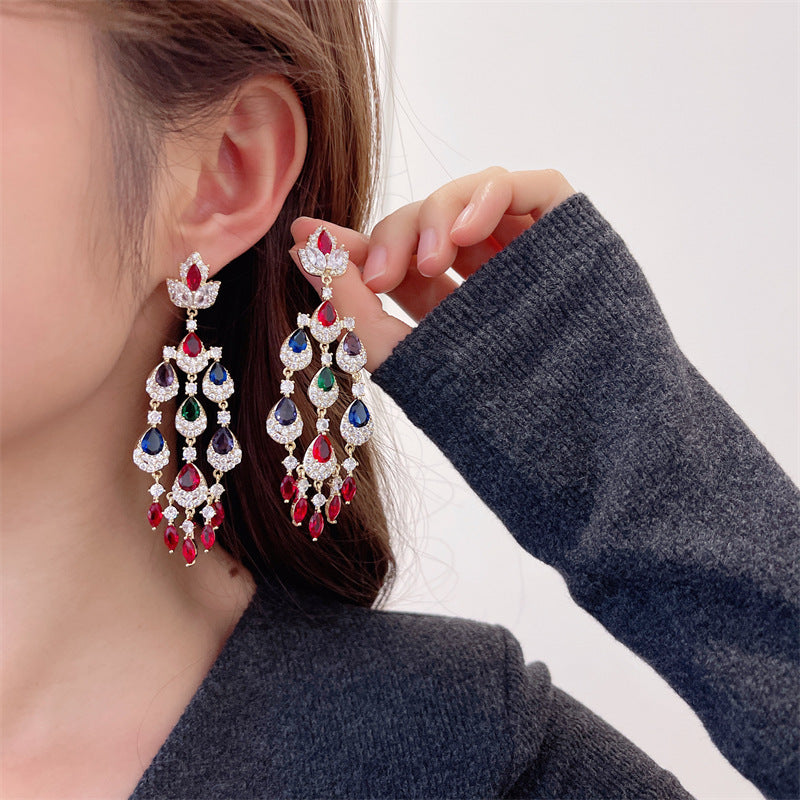 Colorful Zircon Inlaid Long Water Drop Tassel Earrings Trendy European and American Court Style Exaggerated Elegant Heavy Craft Earrings