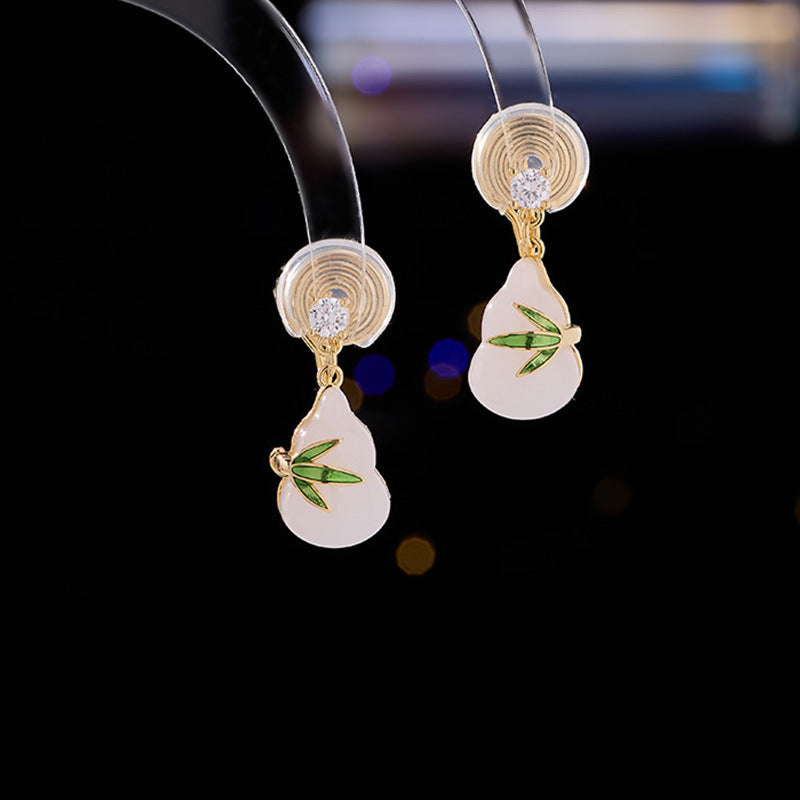 Green Leaf Gourd Earrings Ancient Style Fortune and Prosperity New Chinese Style National Style Imitation Jade Elegant Temperament Hanfu Cheongsam Matching Earrings