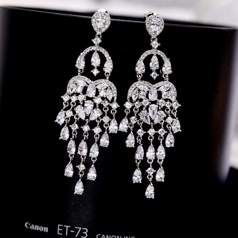 Autumn European and American Style Personality Tassel Earrings Long Colorful Zircon Studs New Fashion Water Drop Earrings for Women