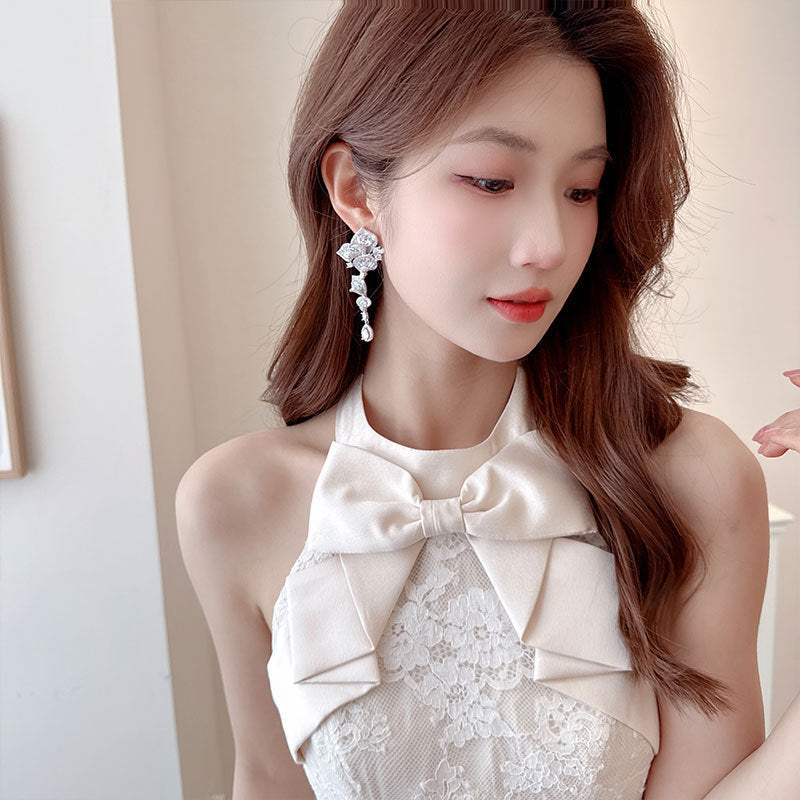 High-end Heavy Craft Earrings for Annual Meeting and Evening Dresses, Luxurious Long Elegant Zircon Flower Earrings