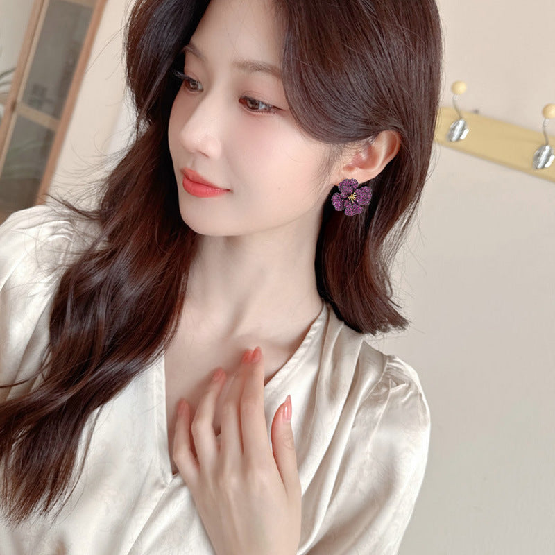 Light Luxury High-End Micro-Paved Zircon Rose Flower Stud Earrings s925Silver Needle Luxurious Elegant Exquisite Earrings for Women