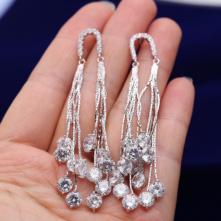 Cross-border European and American Fashion Shiny Zircon Exaggerated Tassel Earrings s925Silver Needle High-End Long Evening Earrings