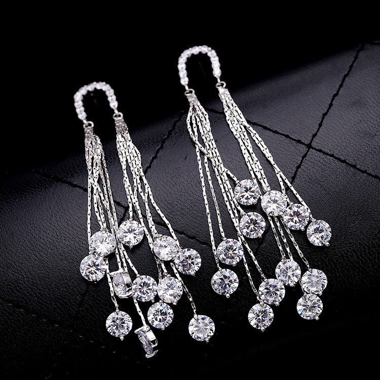 Cross-border European and American Fashion Shiny Zircon Exaggerated Tassel Earrings s925Silver Needle High-End Long Evening Earrings