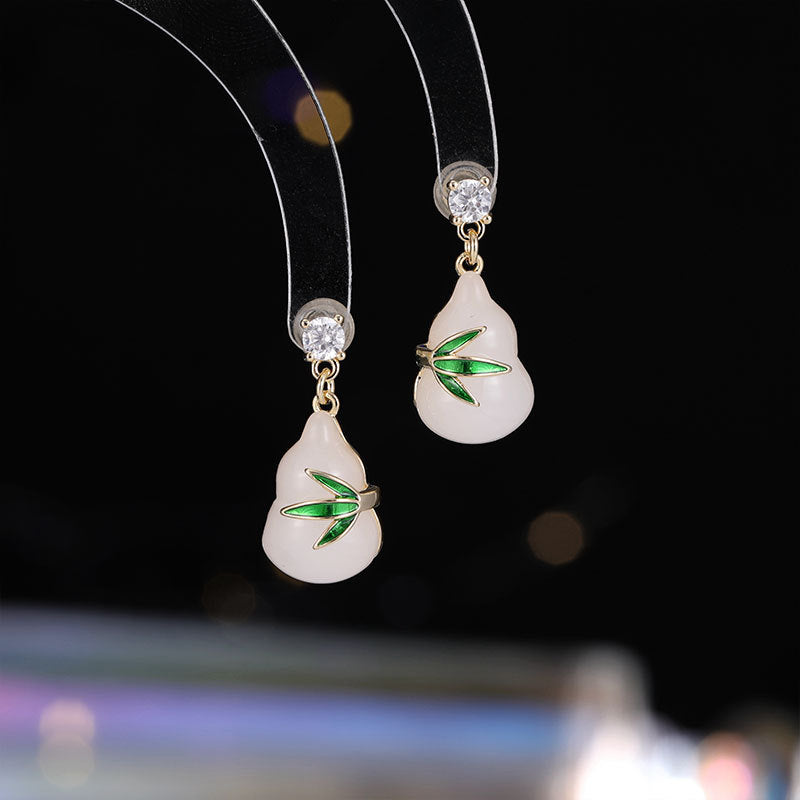 Green Leaf Gourd Earrings Ancient Style Fortune and Prosperity New Chinese Style National Style Imitation Jade Elegant Temperament Hanfu Cheongsam Matching Earrings