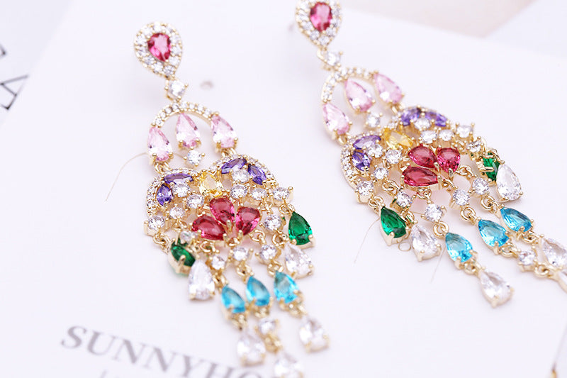 Autumn European and American Style Personality Tassel Earrings Long Colorful Zircon Studs New Fashion Water Drop Earrings for Women