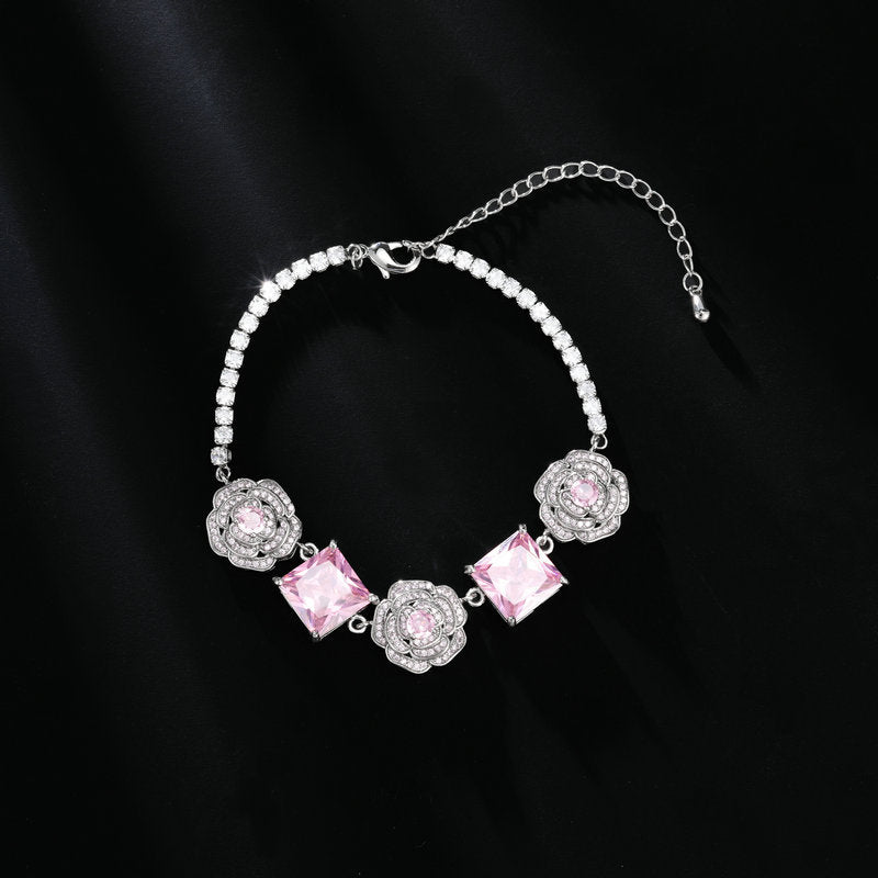 High-end Zircon Camellia Necklace Light Luxury Accessories Collarbone Chain Bracelet Earrings Dress Matching Elegant Jewelry Set