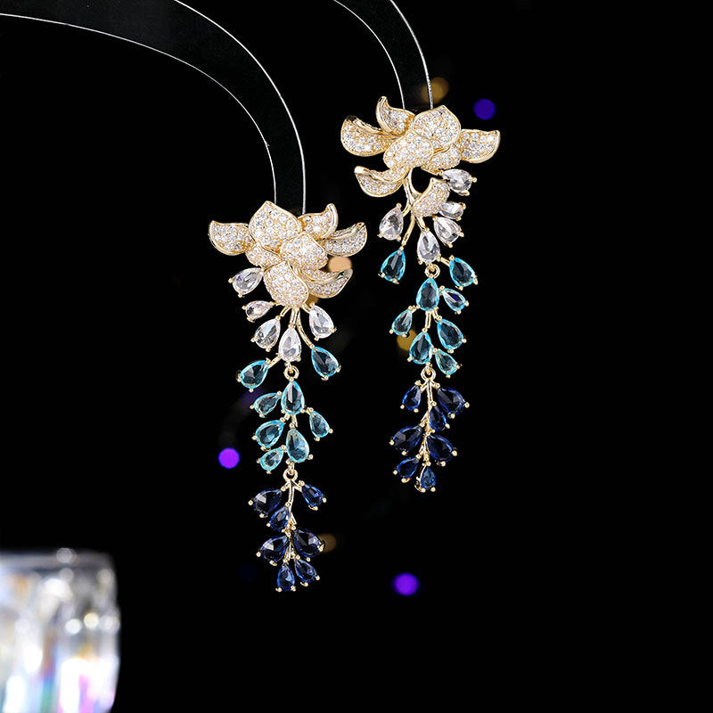 Heavy Craft Hot-Selling Zircon Leaf Wisteria Flower Earrings Fashion Evening Elegant Bride Wedding Dress Earrings Accessories