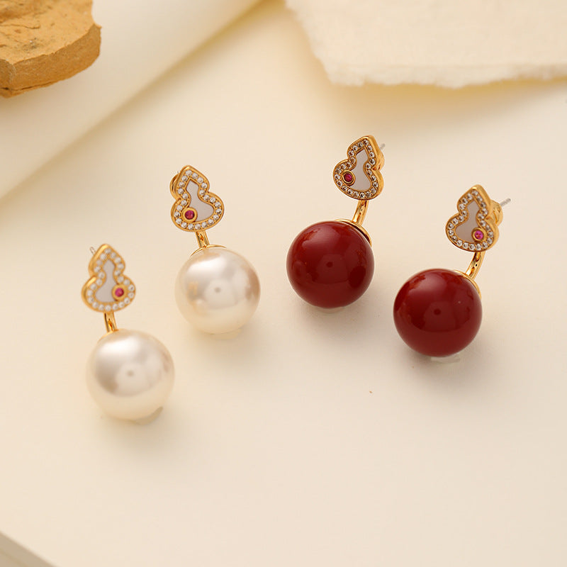 Original New Chinese Style Shi Family Pearl Red Gourd Earrings Exquisite Versatile Retro Silver Needle Earrings Light Luxury High-end Feel