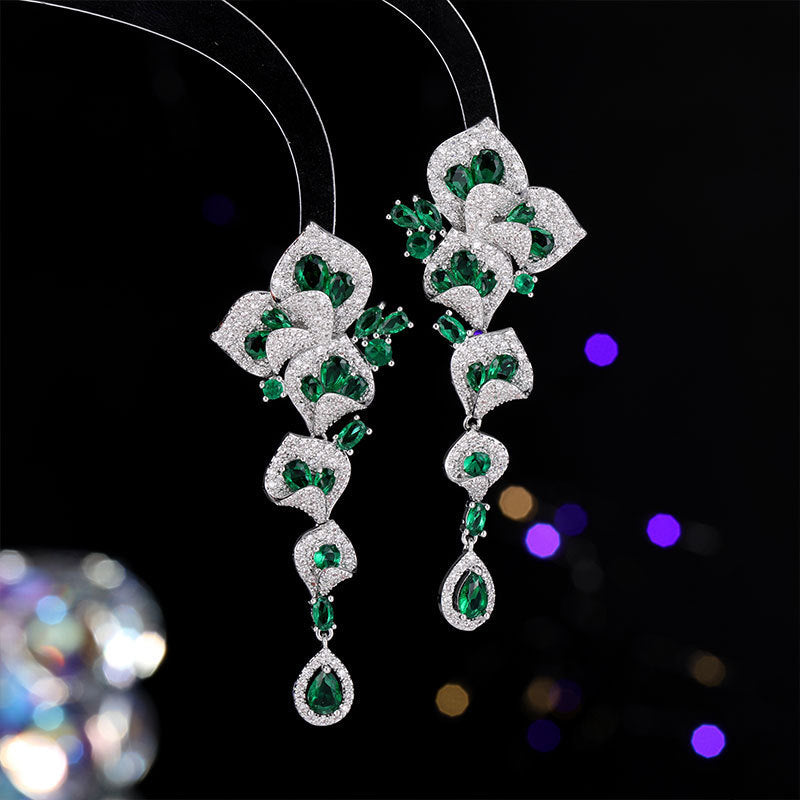High-end Heavy Craft Earrings for Annual Meeting and Evening Dresses, Luxurious Long Elegant Zircon Flower Earrings