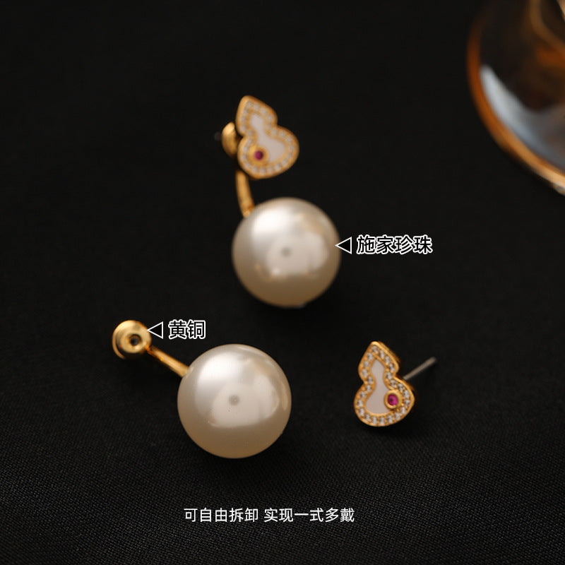 Original New Chinese Style Shi Family Pearl Red Gourd Earrings Exquisite Versatile Retro Silver Needle Earrings Light Luxury High-end Feel