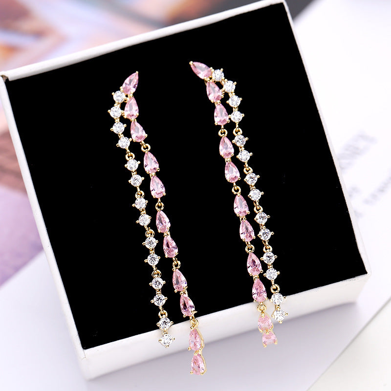 2022New Long Tassel Earrings European and American Fashion Zircon Silver Needle Drop High-end Water Drop Geometric Earrings