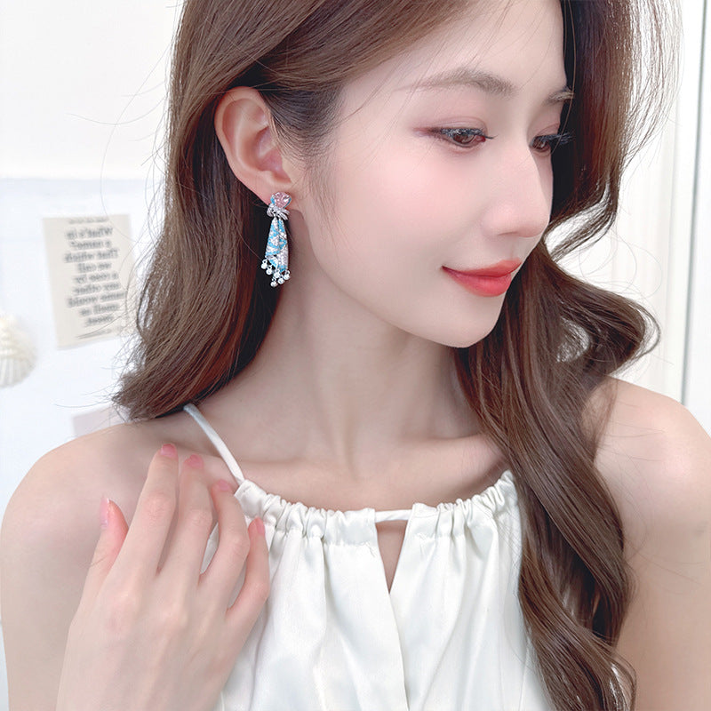 French Style Heavy Craft Colorful Silk Earrings Light Luxury High-end Sense Temperament Autumn Winter Zircon Jewelry Tassel Silver Needle Earrings for Women