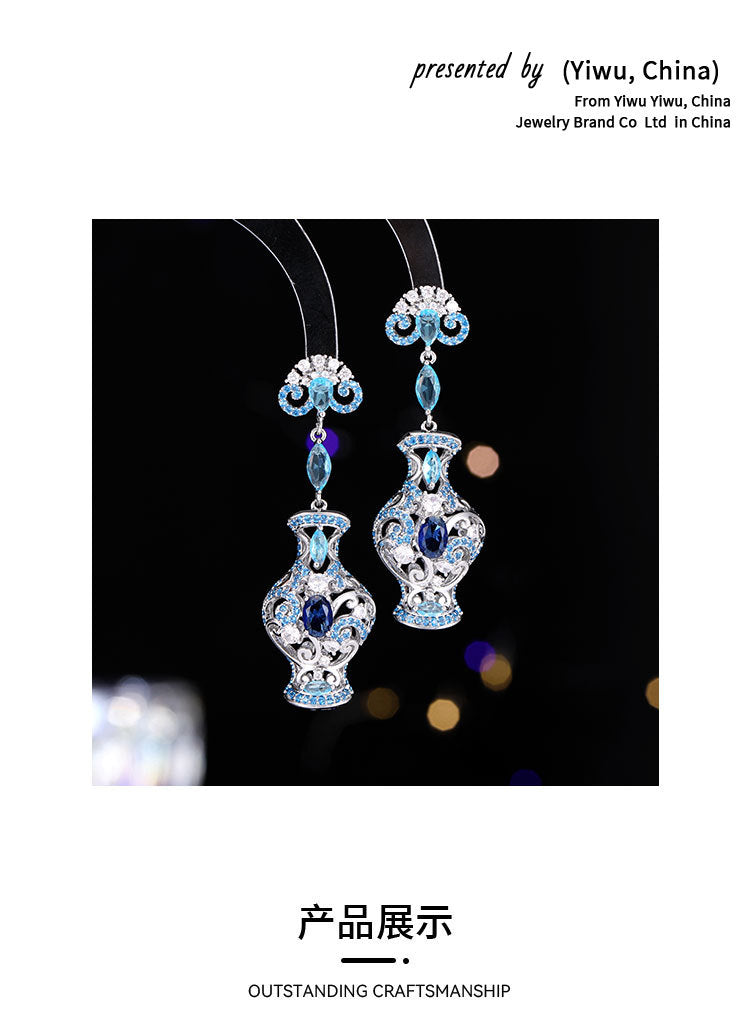 Light Luxury New Chinese Style Ancient Style Three-Dimensional Earrings Retro Zircon Inlaid High-End Long Blue and White Porcelain Evening Drop Earrings