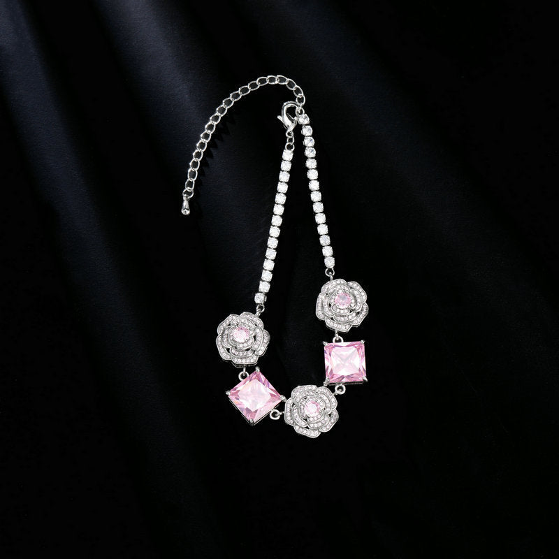 High-end Zircon Camellia Necklace Light Luxury Accessories Collarbone Chain Bracelet Earrings Dress Matching Elegant Jewelry Set