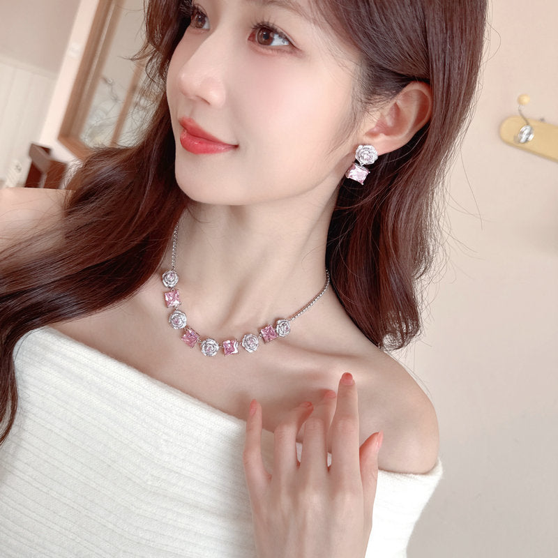 High-end Zircon Camellia Necklace Light Luxury Accessories Collarbone Chain Bracelet Earrings Dress Matching Elegant Jewelry Set