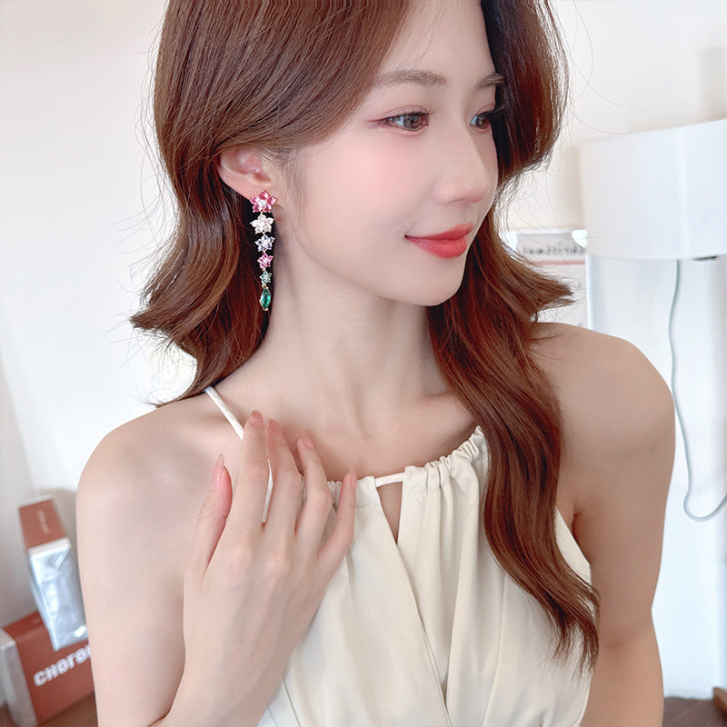 Colorful Ice Crack Flower Earrings S925Silver Needle Elegant Long Tassel Gradient Pink Purple Heavy Craft Earrings for Women