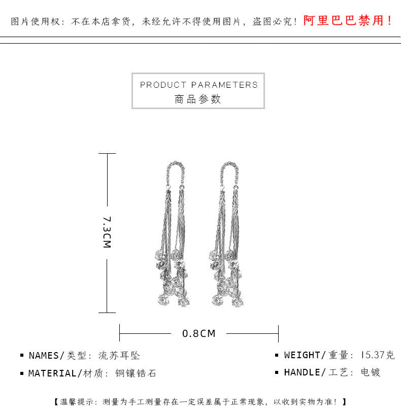 Cross-border European and American Fashion Shiny Zircon Exaggerated Tassel Earrings s925Silver Needle High-End Long Evening Earrings