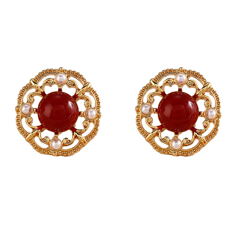 Vintage New Chinese Style Wine Red Agate Stone Earrings for Women Elegant Palace Style High-end Simple Temperament Pearl Earrings