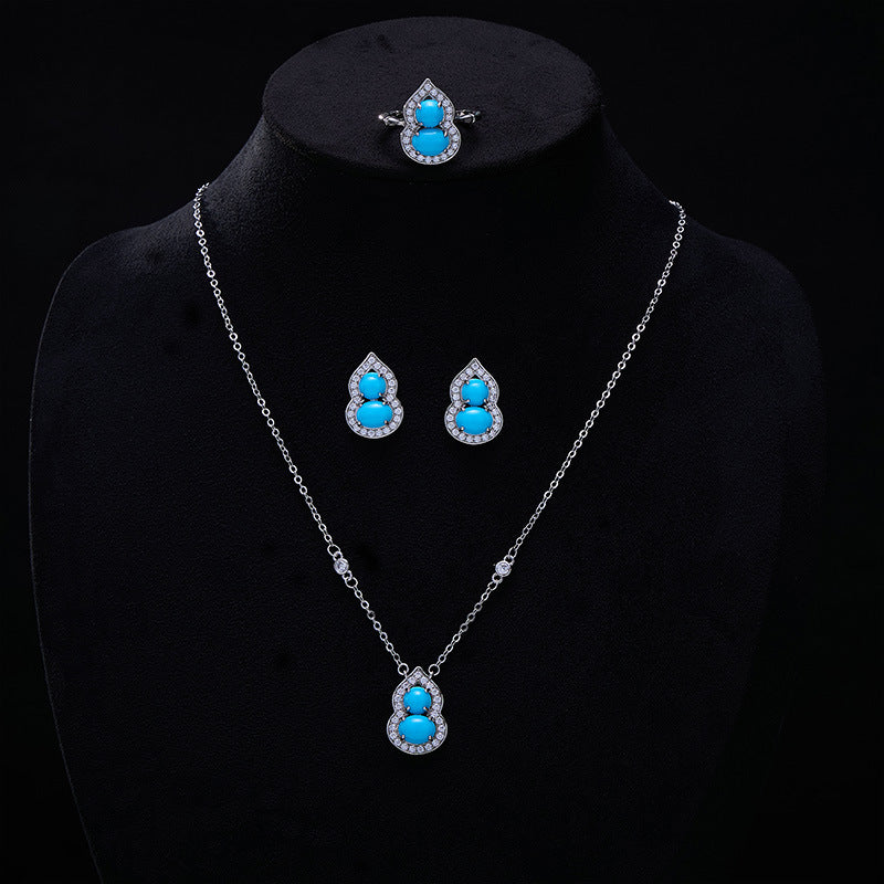New Chinese Style Retro Imitation Turquoise Gourd Pendant Necklace Ring Jewelry Set Light Luxury High-end National Style Earrings