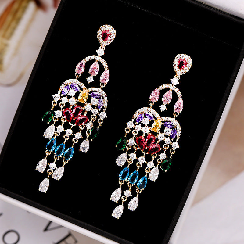 Autumn European and American Style Personality Tassel Earrings Long Colorful Zircon Studs New Fashion Water Drop Earrings for Women