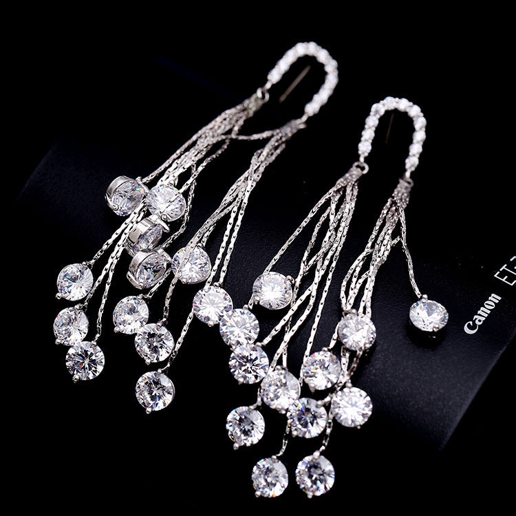 Cross-border European and American Fashion Shiny Zircon Exaggerated Tassel Earrings s925Silver Needle High-End Long Evening Earrings