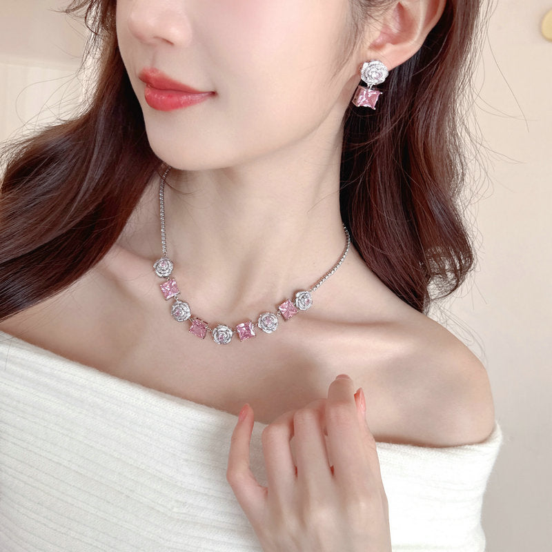 High-end Zircon Camellia Necklace Light Luxury Accessories Collarbone Chain Bracelet Earrings Dress Matching Elegant Jewelry Set