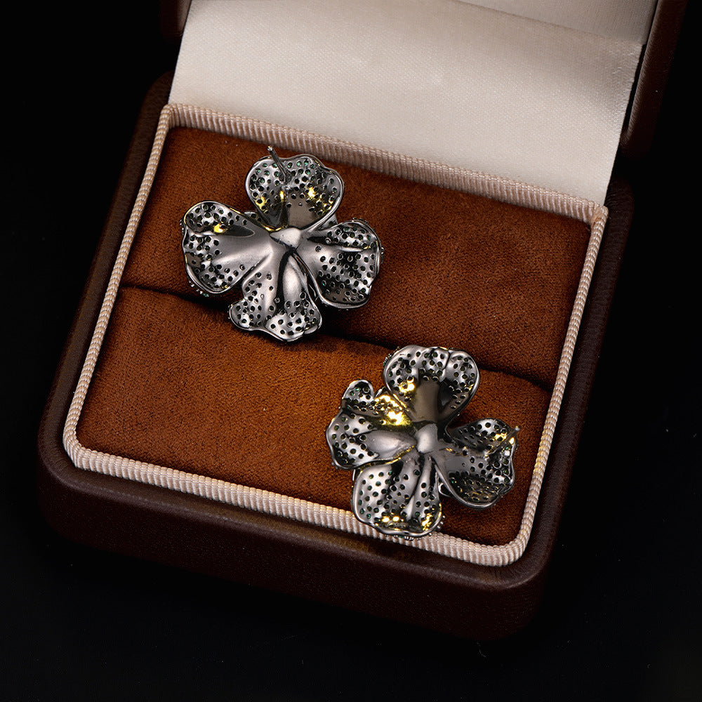 Light Luxury High-End Micro-Paved Zircon Rose Flower Stud Earrings s925Silver Needle Luxurious Elegant Exquisite Earrings for Women