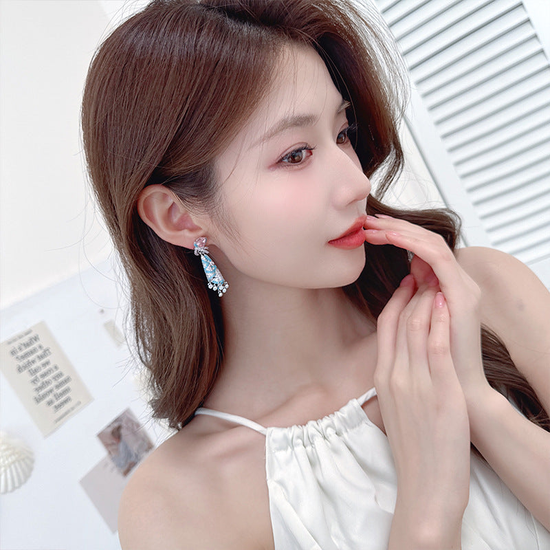 French Style Heavy Craft Colorful Silk Earrings Light Luxury High-end Sense Temperament Autumn Winter Zircon Jewelry Tassel Silver Needle Earrings for Women