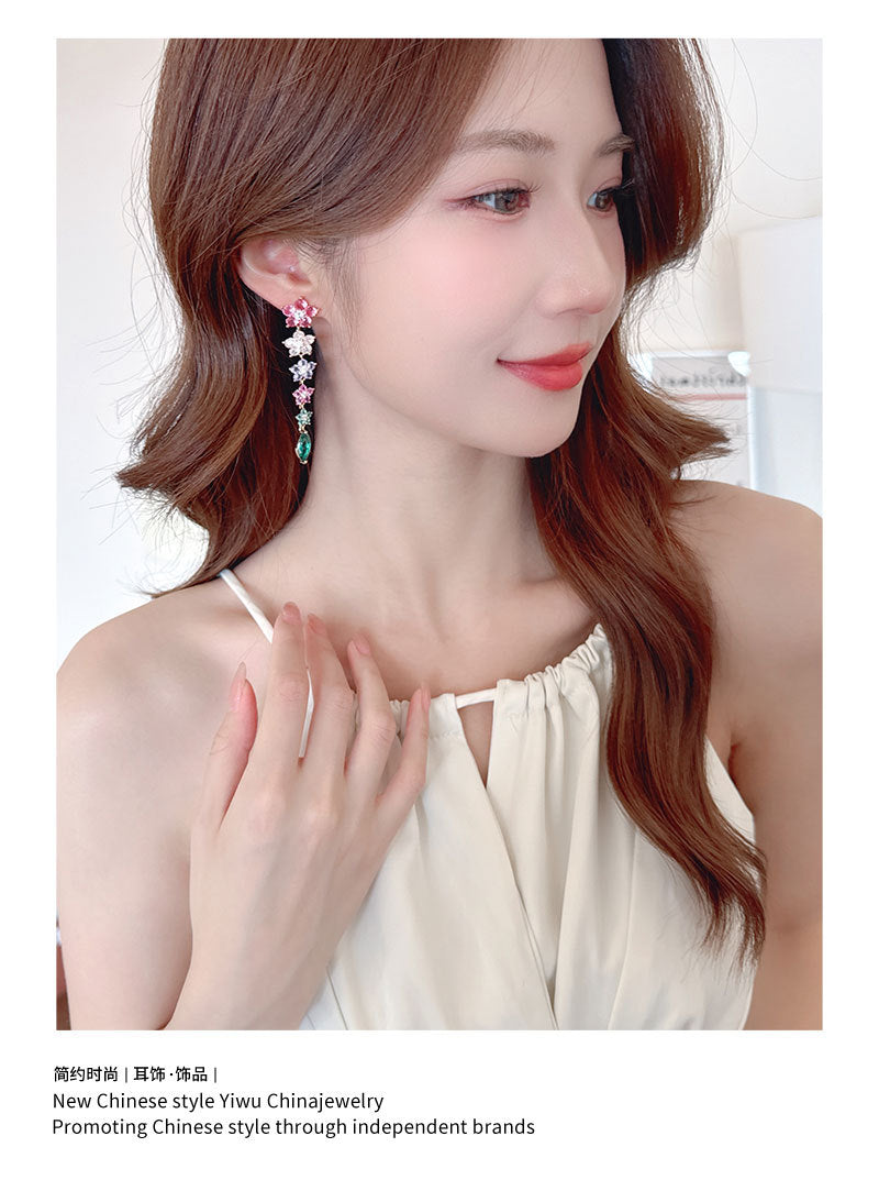 Colorful Ice Crack Flower Earrings S925Silver Needle Elegant Long Tassel Gradient Pink Purple Heavy Craft Earrings for Women
