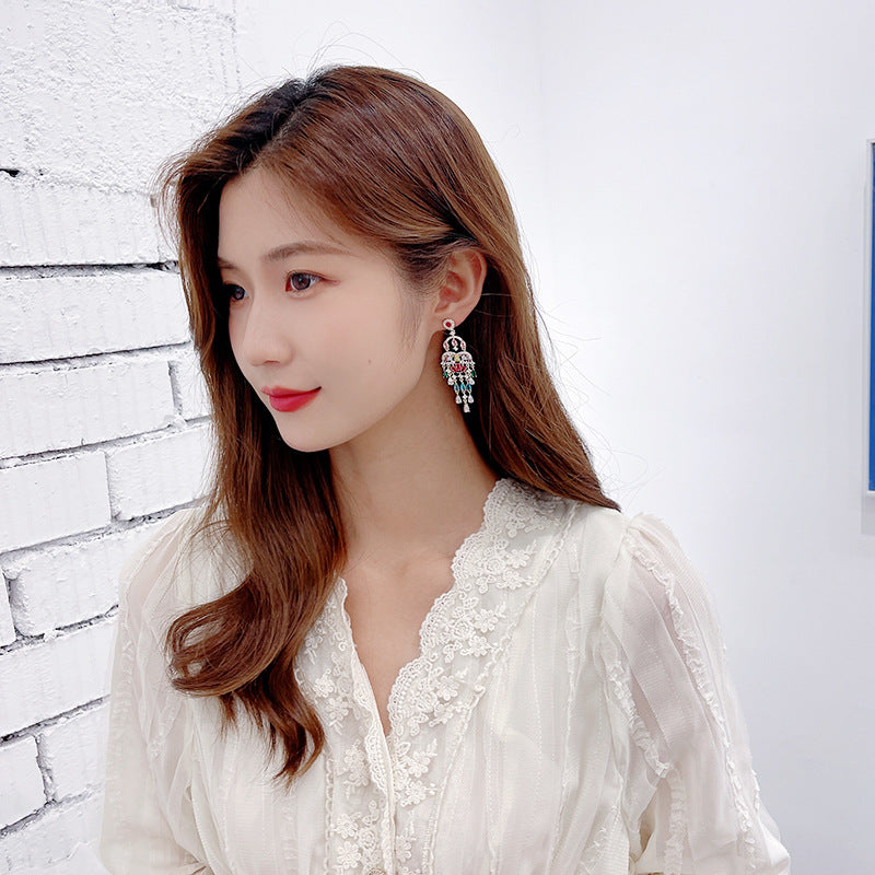 Autumn European and American Style Personality Tassel Earrings Long Colorful Zircon Studs New Fashion Water Drop Earrings for Women