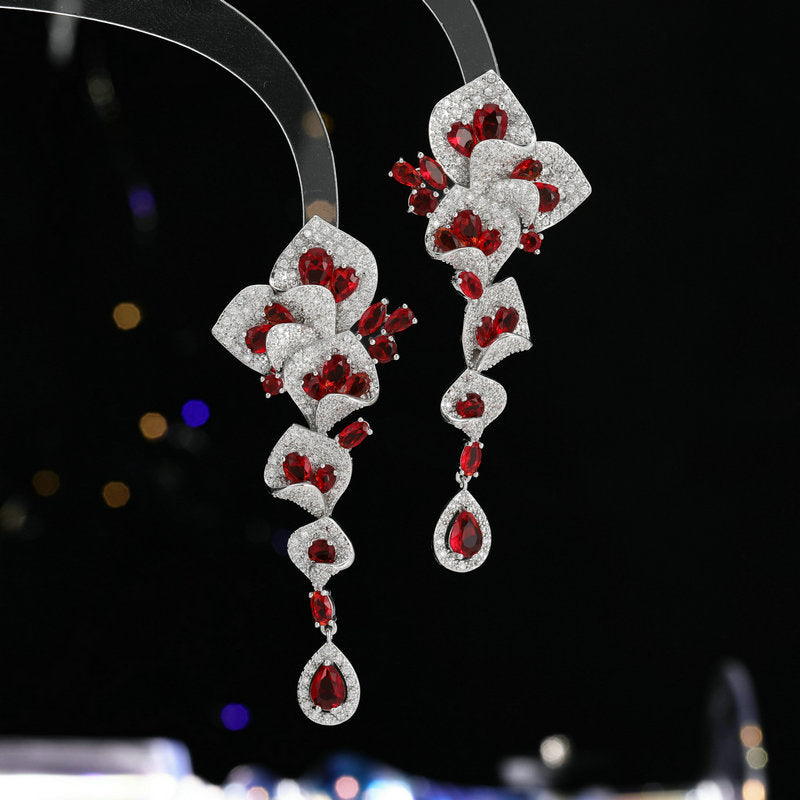 High-end Heavy Craft Earrings for Annual Meeting and Evening Dresses, Luxurious Long Elegant Zircon Flower Earrings
