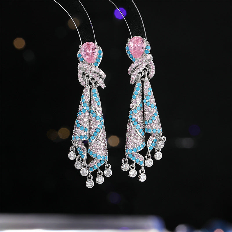 French Style Heavy Craft Colorful Silk Earrings Light Luxury High-end Sense Temperament Autumn Winter Zircon Jewelry Tassel Silver Needle Earrings for Women