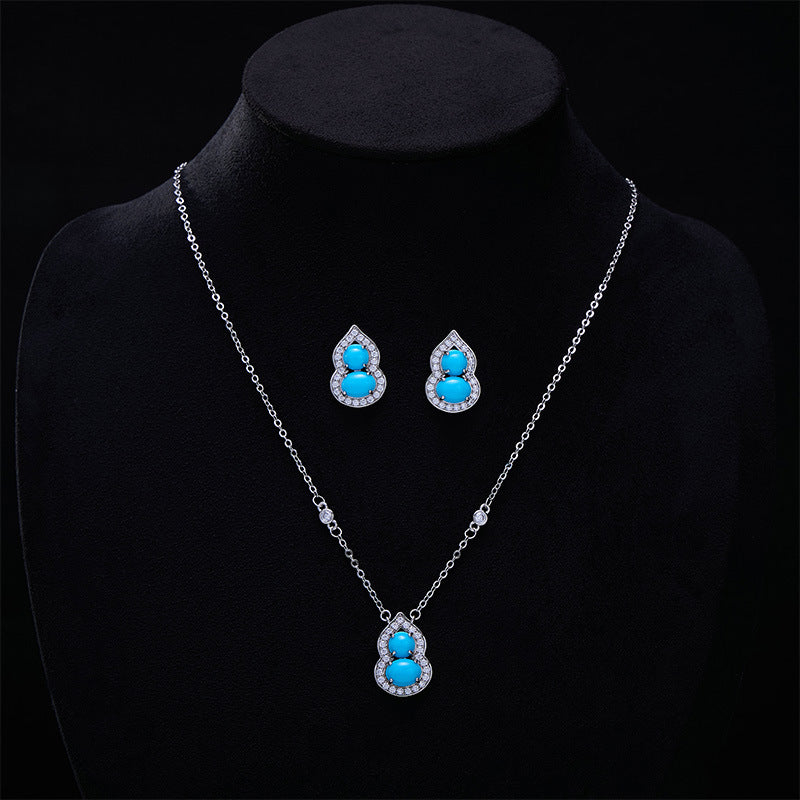 New Chinese Style Retro Imitation Turquoise Gourd Pendant Necklace Ring Jewelry Set Light Luxury High-end National Style Earrings